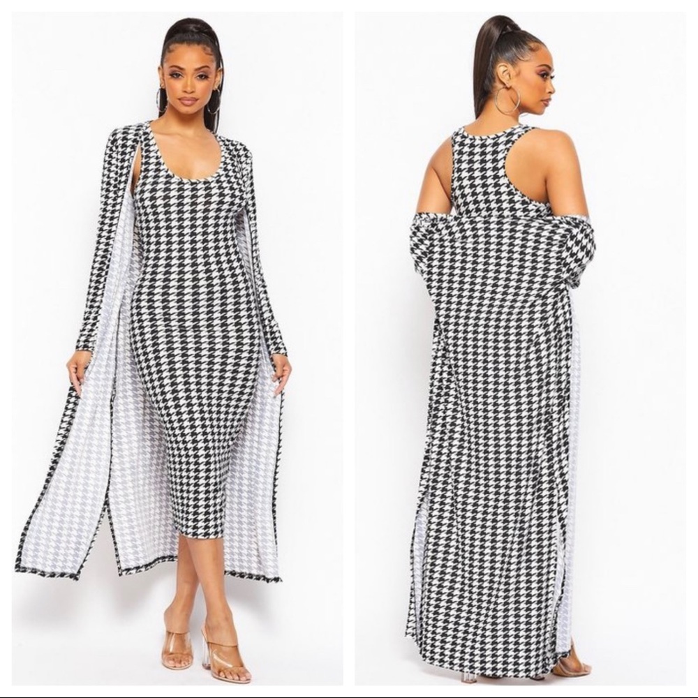 NEW FALL TRENDY HOUNDSTOOTH TWO PIECE TANK TOP MIDI DRESS LONG CARDIGAN SET